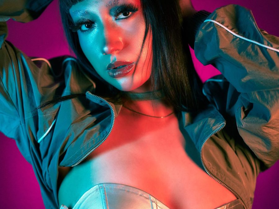 Colorful digital fashion portrait in a sculptural corset