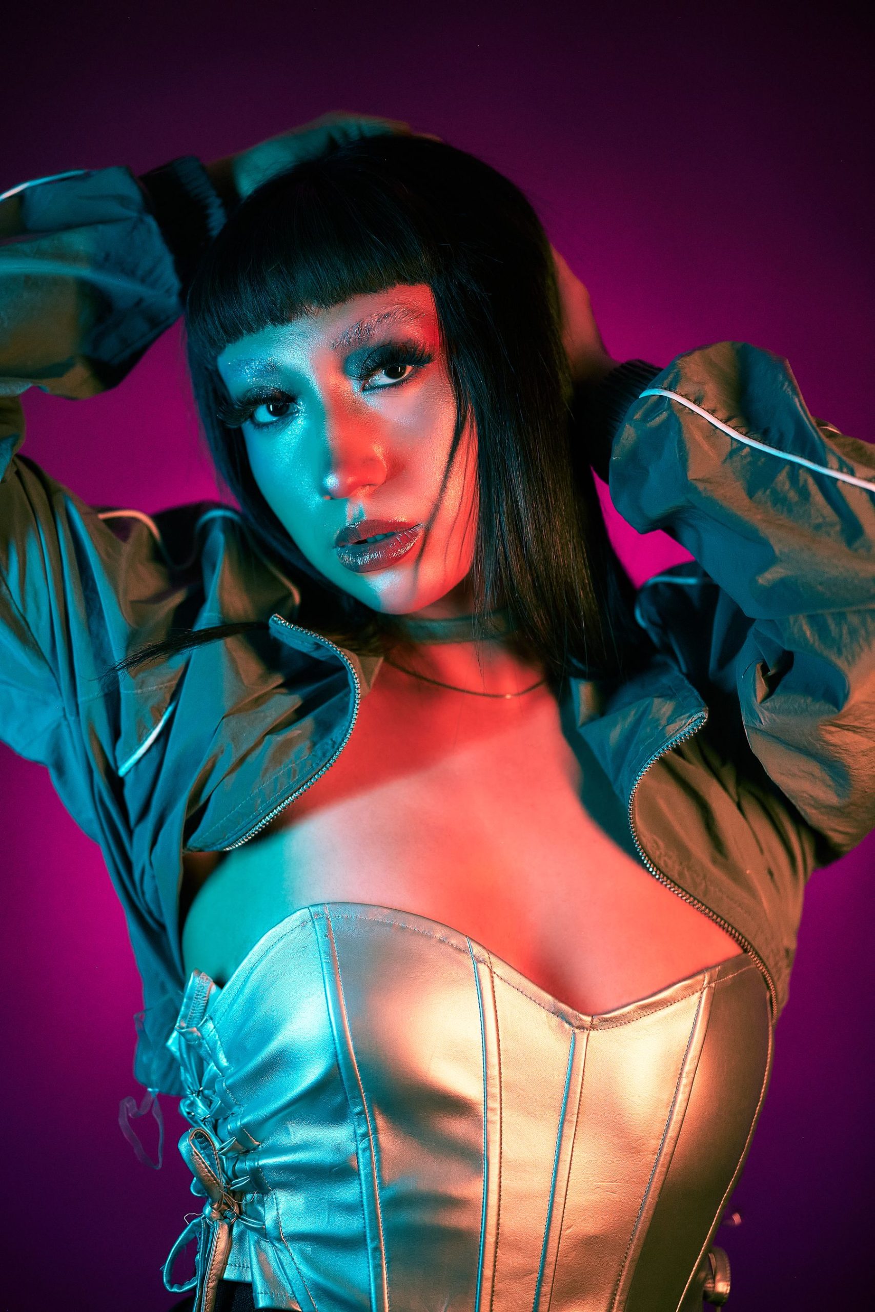 Colorful digital fashion portrait in a sculptural corset