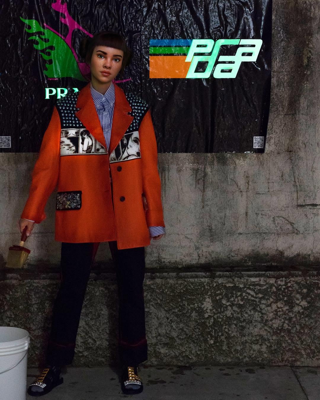 Lil Miquela wearing a red Prada coat in Milan for Prada Fall 2018