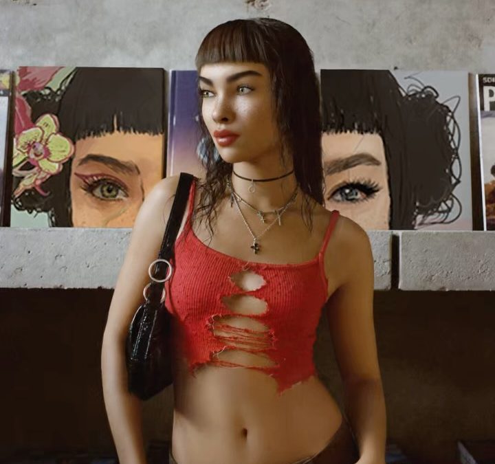 Lil Miquela wearing a distressed red top in front of illustrated portraits