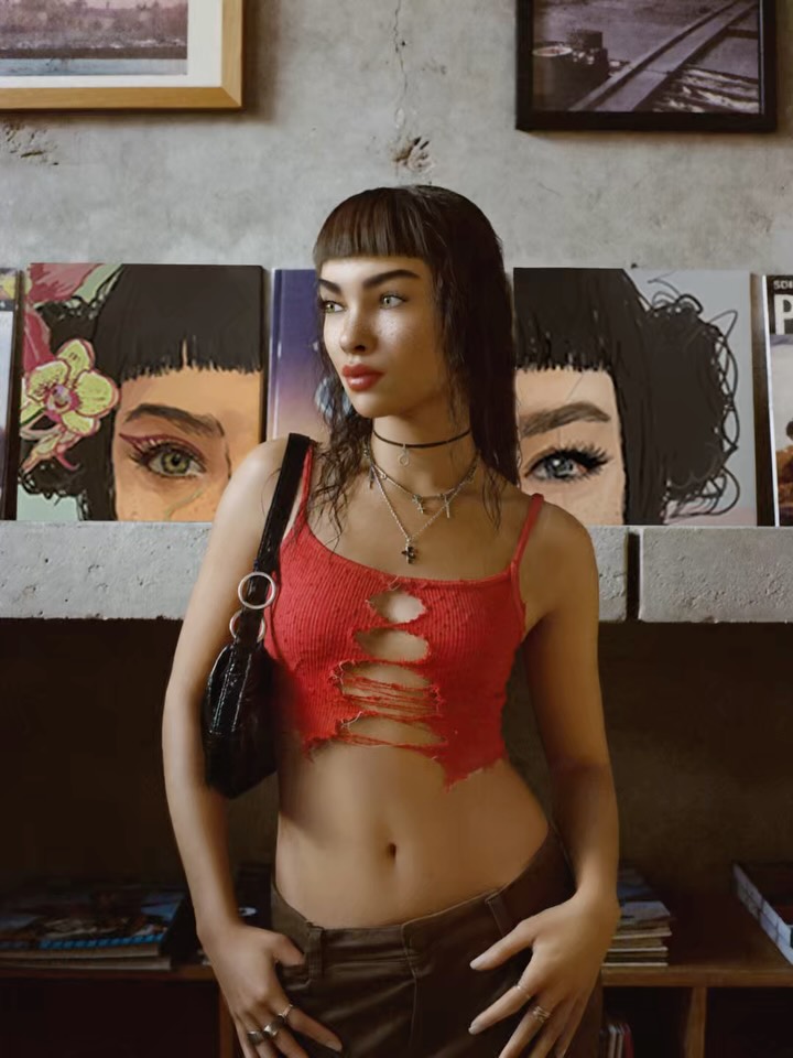Lil Miquela wearing a distressed red top in front of illustrated portraits